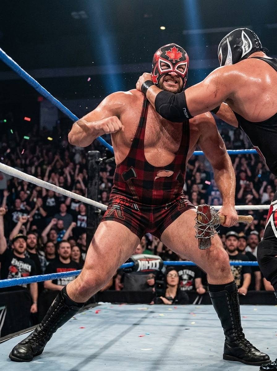 The Timberman in his red maple leaf mask and buffalo plaid singlet, gripping his barbed-wire mallet while a masked rival chokes him against the ropes